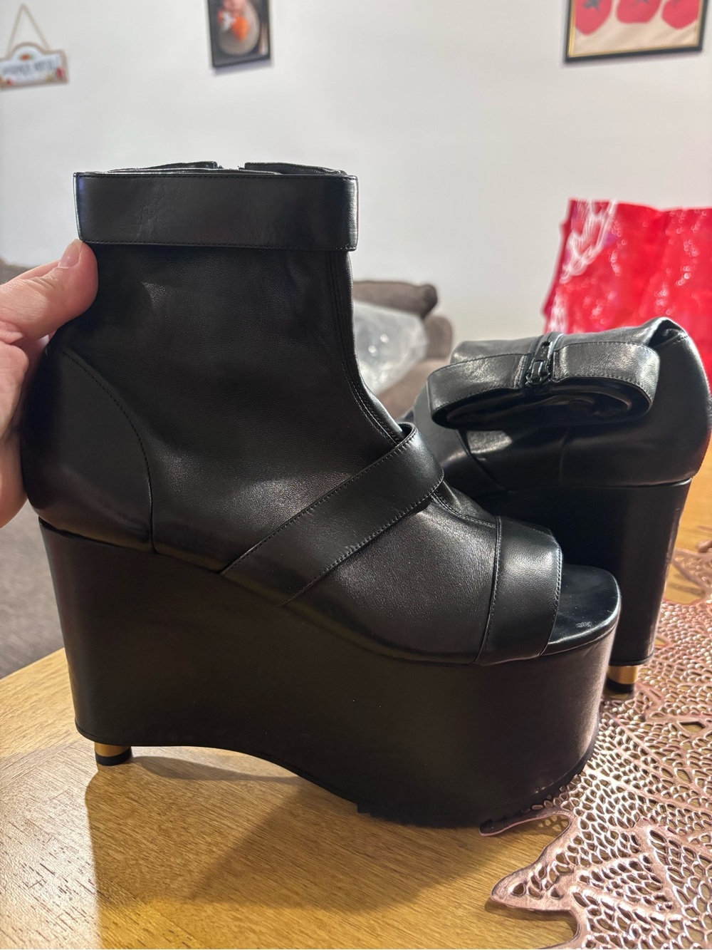 Vera Wang Black Leather Platform Peep-Toe Wedge Ankle Boots